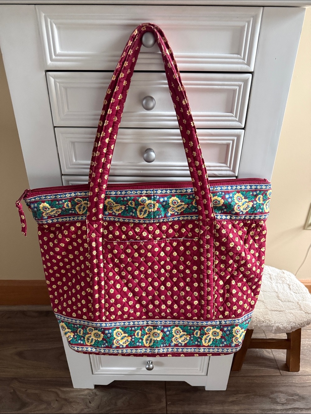 Vintage 90s Red Calico Floral Quilted Tote Bag Cottagecore Boho Travel Shoulder